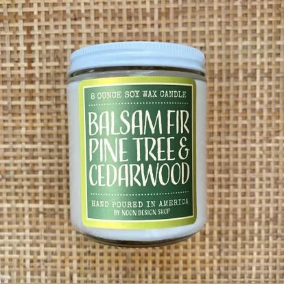 candle . seasonal soy wax . balsam fir, pine tree + cedar wood