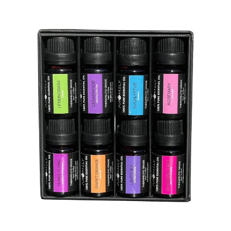 Aromely Essential Oils Top 8 Gift Set 100% Pure Therapeutic Grade Oils for Diffuser, Massage, Aromatherapy & DIY. Eucalyptus, Lavender, Lemongrass, Orange, Ylang-Ylang, Rosemary, Cedarwood, Cinnamon.