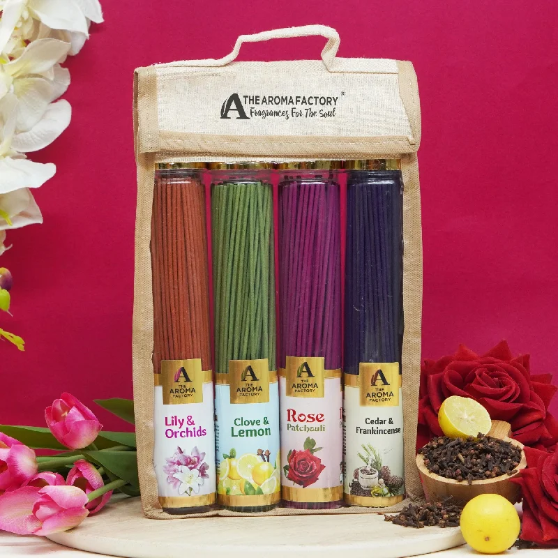 The Aroma Factory Incense Sticks (Lily Orchid, Rose Patchouli, Cedar Frankincense & Clove Lemon Agarbatti) 4 bottles, Jute Gift Pack