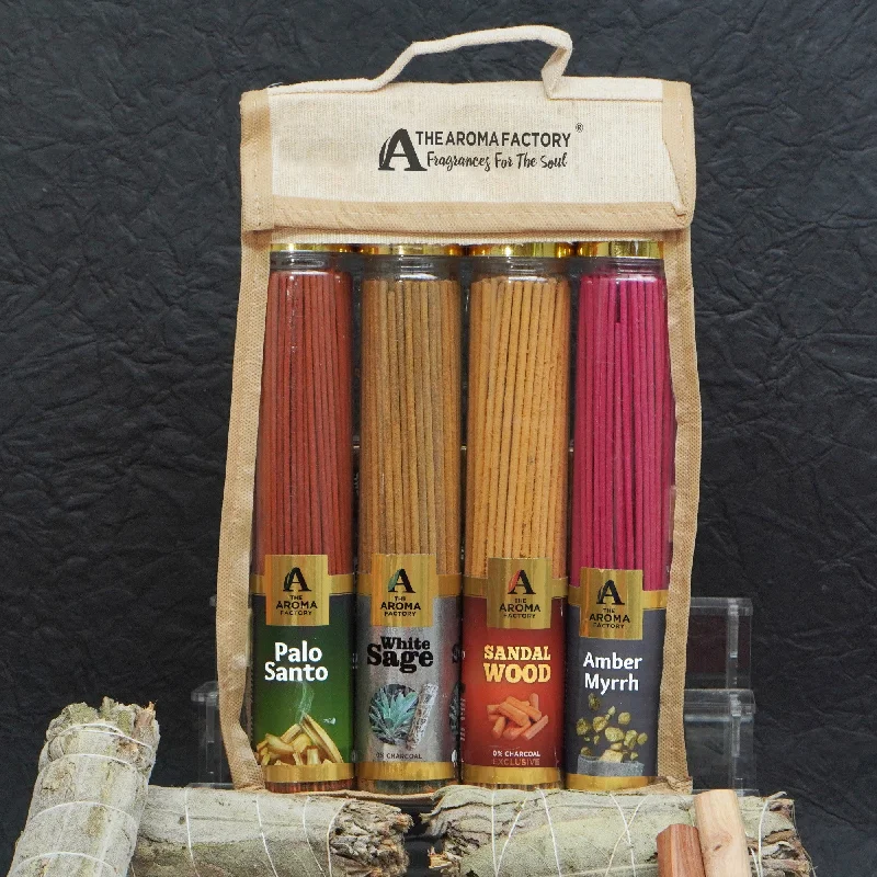 The Aroma Factory Incense Sticks (Palo Santo, White Sage, Sandal wood Chandan & Amber Myrrh Agarbatti) 4 bottles, Fragrance Jute Gift Pack