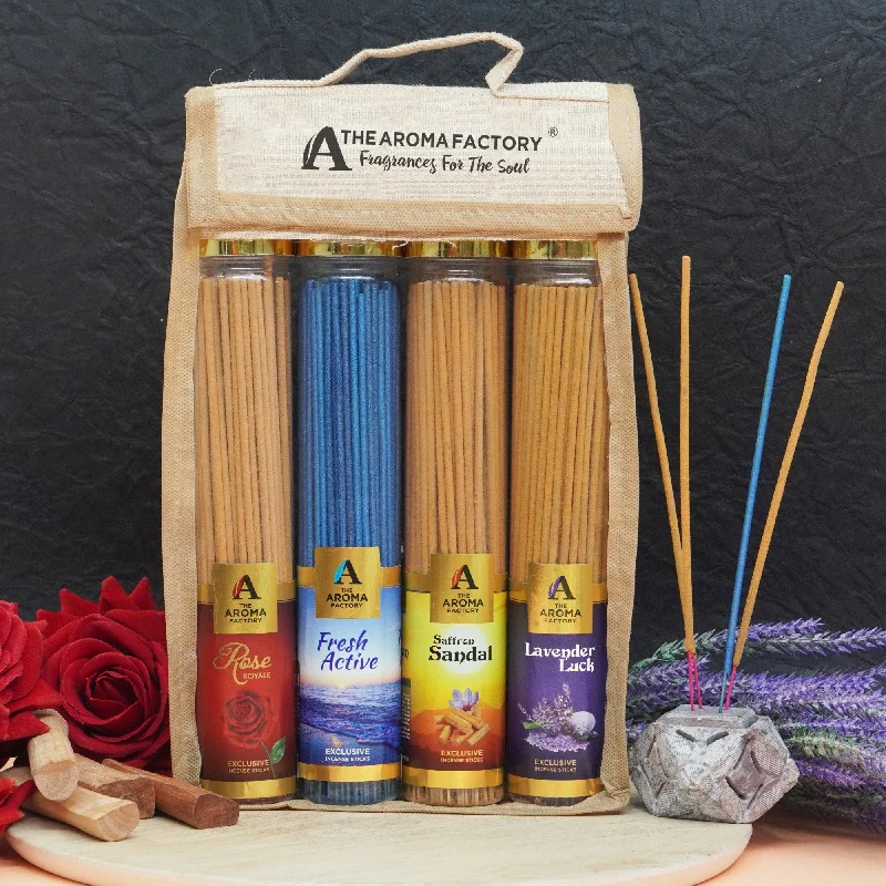 The Aroma Factory Incense Sticks (Saffron Sandal Kesar Chandan, Rose, Fresh Active & Lavender Agarbatti) 4 bottles, Fragrance Jute Gift Pack