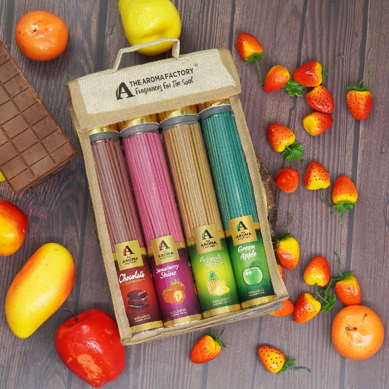 The Aroma Factory Incense Sticks (Strawberry, Green Apple, Chocolate & Pineapple Agarbatti) 4 bottles, Fragrance Jute Gift Pack