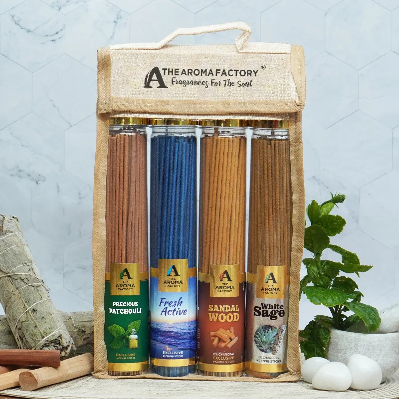 The Aroma Factory Incense Sticks (White Sage,Fresh Active,Patchouli & Sandalwood Chandan Agarbatti) 4 bottles, Fragrance Jute Gift Pack