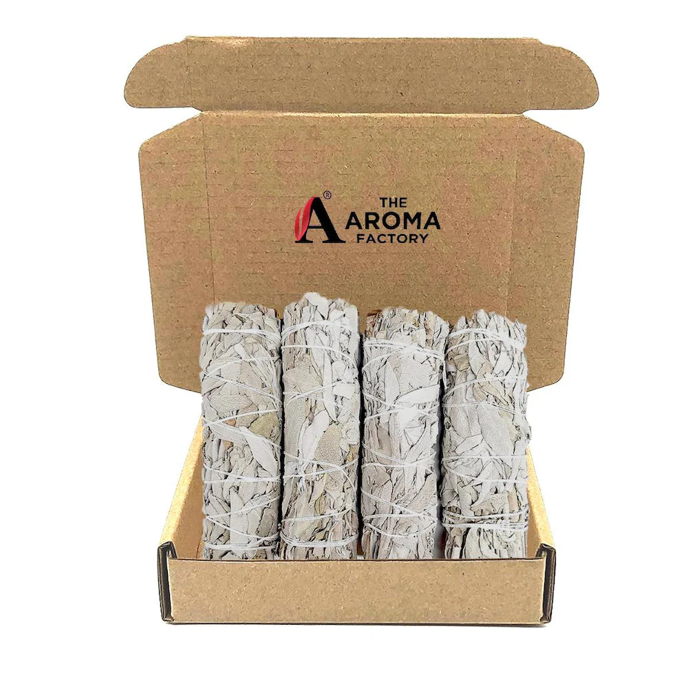 The Aroma Factory Natural White Sage Dry Leaves Smudging Sticks (6 Inch x 30g Each) Removes Negativity, Aura Cleansing, 1 Box (White Sage, Pack of 4)